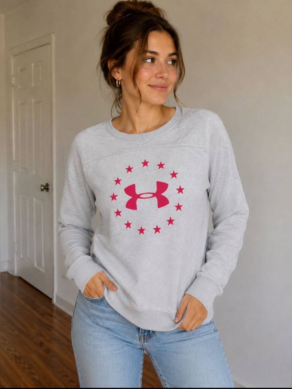 Under Armour Gray Pink Logo Crewneck Sweatshirt XXL Loose Fit